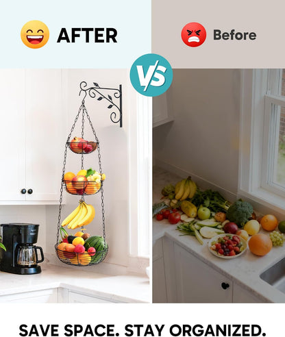 FANGSUN 3-Tier Hanging Fruit Basket for Kitchen Counter with Banana Hook, 36-Inch Heavy-Duty Wire Fruit Baskets with Leaf-Shaped Bracket for Kitchen Organizing Potato & Vegetable