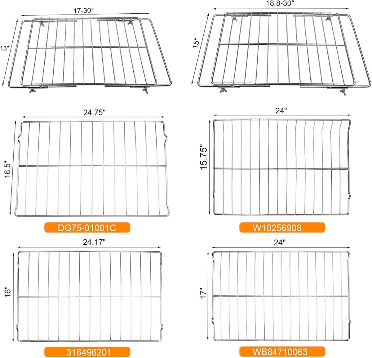 Adjustable Extendable Oven Rack, Universal Chrome Plated Wire Shelf, Adjusts from 17" to 30" Wide, Compatible with GE, Whirlpool, Frigidaire, Kenmore, Samsung, LG, Ovens, 1 Pack
