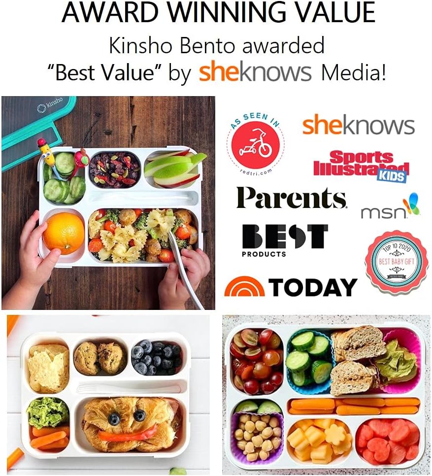 kinsho Lunch Box for Kids Boys Girls - Bento Box Set with Insulated Bag and Ice Pack, 6 Compartment Leak Proof Food Container, BPA-Free, Microwave Safe, Ideal for School & Work, Teal