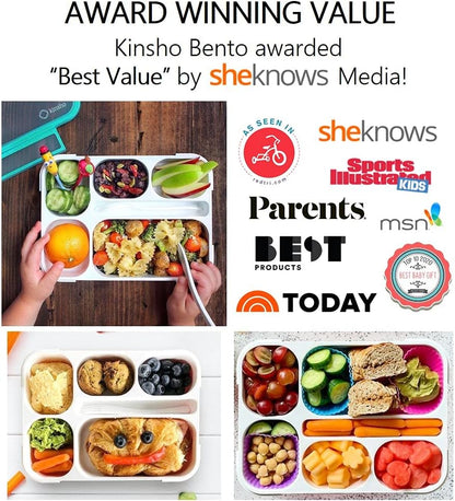 kinsho Lunch Box for Kids Boys Girls - Bento Box Set with Insulated Bag and Ice Pack, 6 Compartment Leak Proof Food Container, BPA-Free, Microwave Safe, Ideal for School & Work, Teal