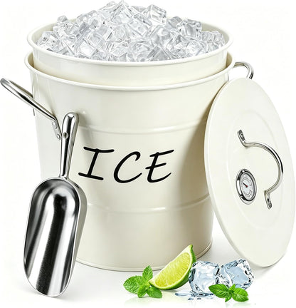 4L Ice Bucket, Double Wall Metal Wine Chiller Bucket, including Thermometer, Lid, Scoop and Plastic Liner, Large Beverage Tub Ice Holder for Wine, Champagne, Cocktail Party Bar