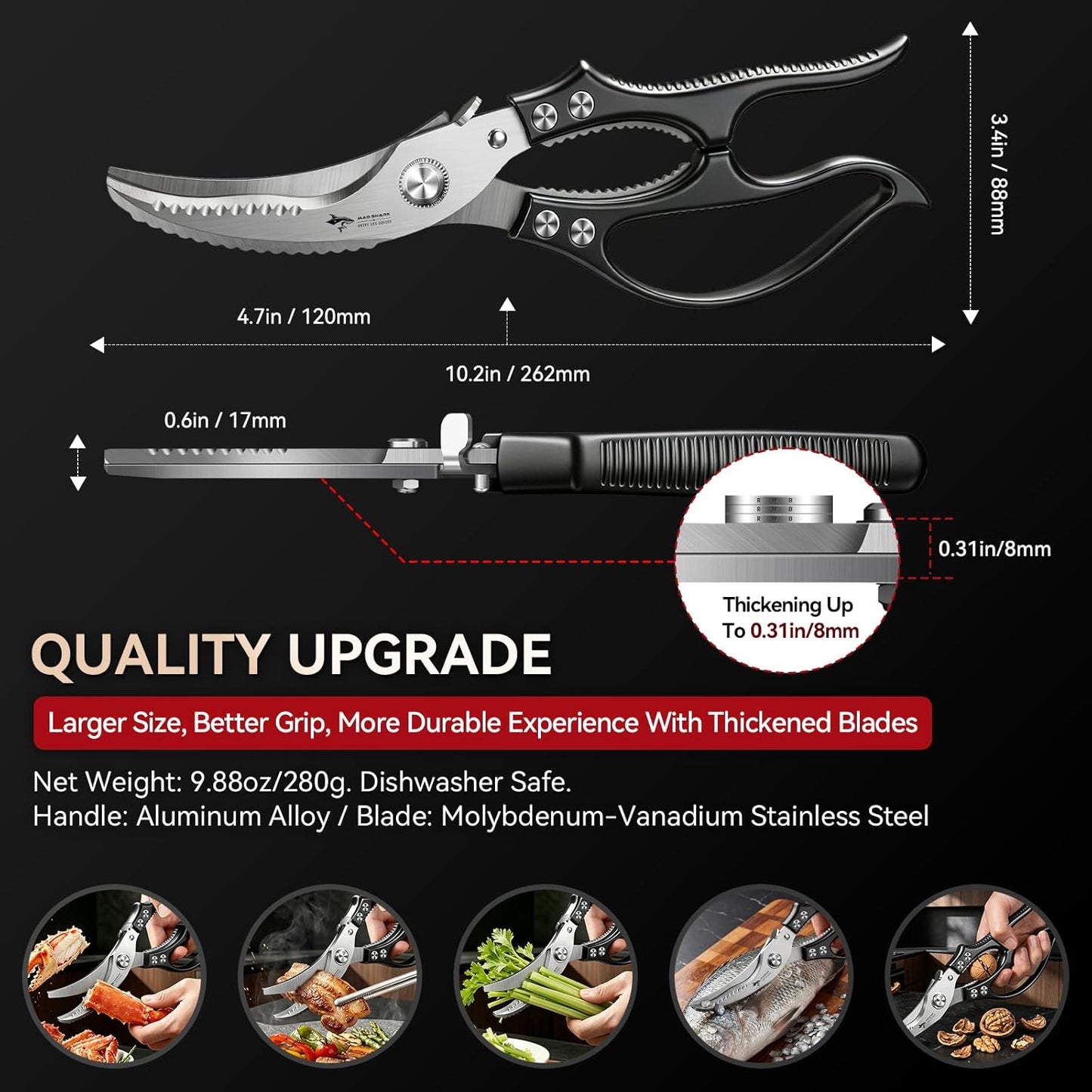 MAD SHARK Heavy Duty Poultry Shears, Kitchen Shears with Non-Slip Handle & Safety Lock, All Purpose Kitchen Scissors for Chicken, Meat Cutting, Turkey, Fish, Vegetables, Spring Loaded, Dishwasher Safe