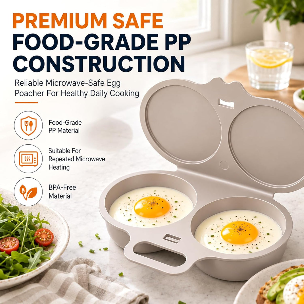 Dual Cavity Microwave Egg Poacher, White Egg Poacher, Quick Oil-Free Cooking Tool for 2 Eggs, Food-Grade PP Material, Portable Breakfast Maker with Lid and Easy-Grip Handle（Three-Color Set）
