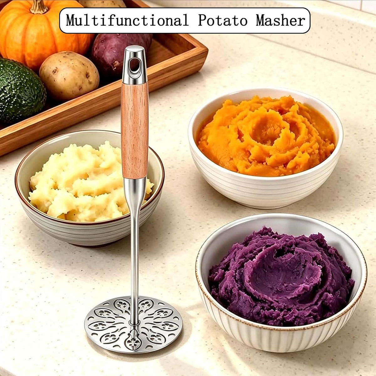 Potato Masher Stainless Steel,Wood Handle Food Smasher Kitchen Tool