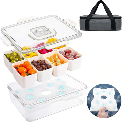 Snackle Box Container with Ice Pack Stainless Steel,Portable Snack Boxes with Lid and Insulated Bag,8 Compartment Snackle Storage Divided Serving Tray Beach Road Trip Picnic for Fruit Charcuterie