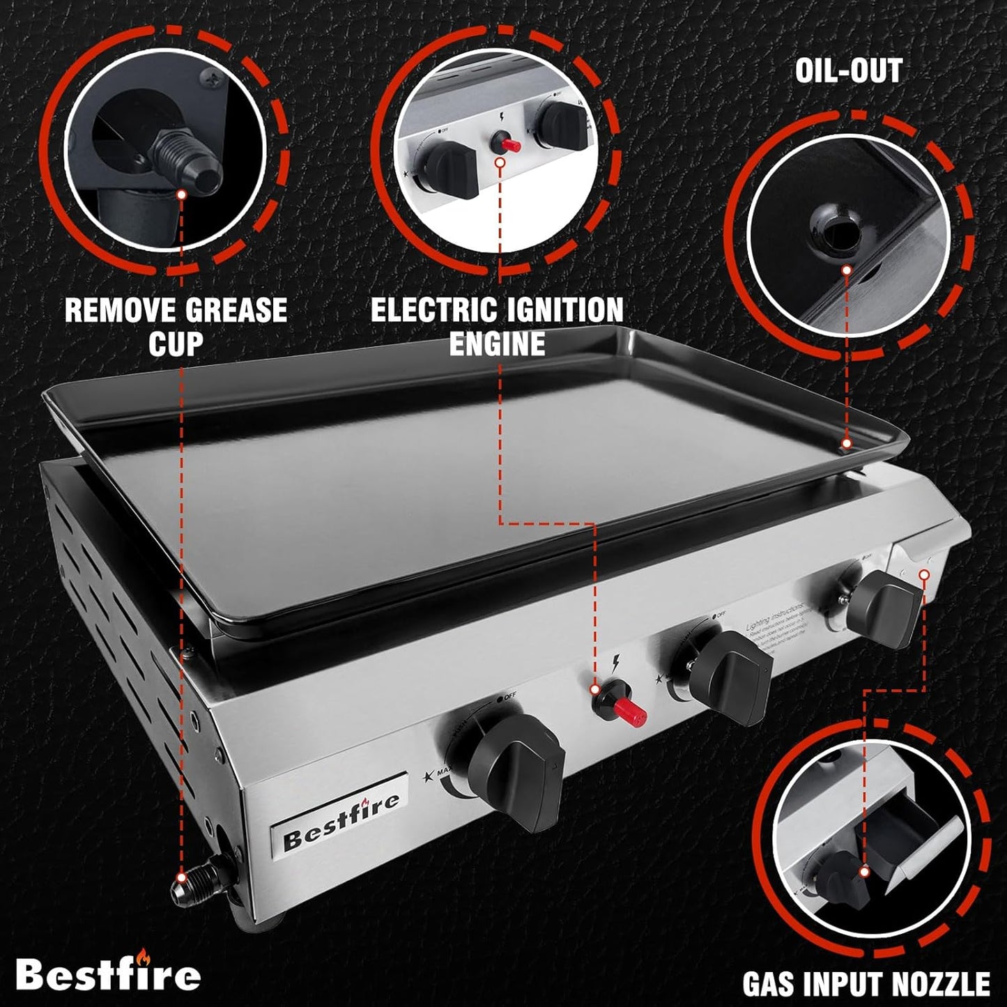 Bestfire Dual Fuel Propane Gas Charcoal Grill Combo Black Dual Lids, Flat Top Grill With 2 Side Shelves for BBQ, Outdoor and Backyard Cooking