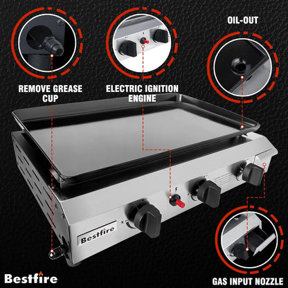 Bestfire Dual Fuel Propane Gas Charcoal Grill Combo Black Dual Lids, Flat Top Grill With 2 Side Shelves for BBQ, Outdoor and Backyard Cooking