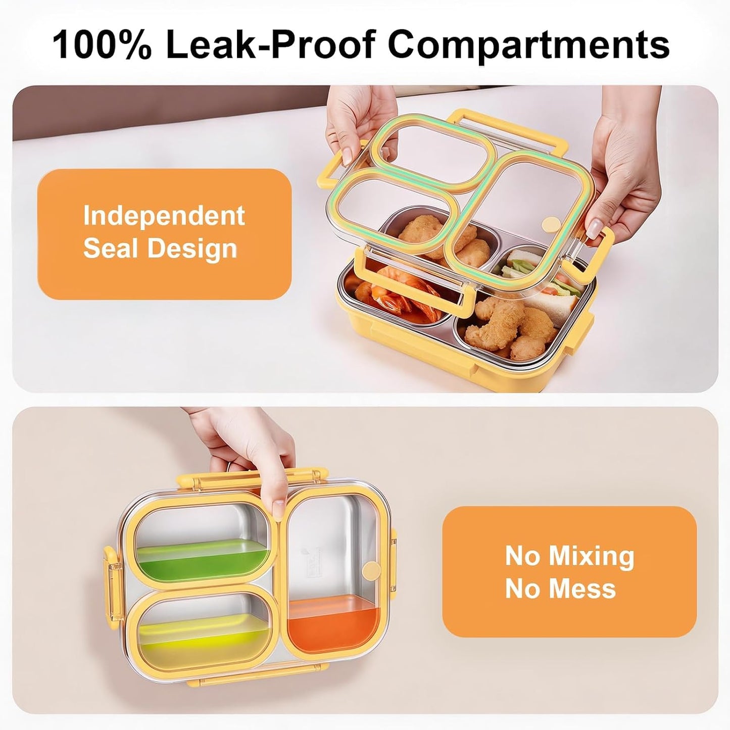 25oz 18/8 Stainless Steel Lunch Box Kit (Bento Box + Fork/Spoon) - 3 Leakproof Compartments - Metal Snack Box for Kids & Adults - School/Office/Travel - Dishwasher Safe (Beige)
