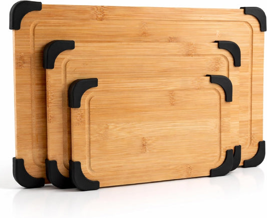 COOK WITH COLOR Non-Slip Cutting Board Set – Kitchen Essentials with Easy Grip Handle for Meat, Veggies, and Fruits, 3 Cutting Boards, Bamboo Non-Slip Grey