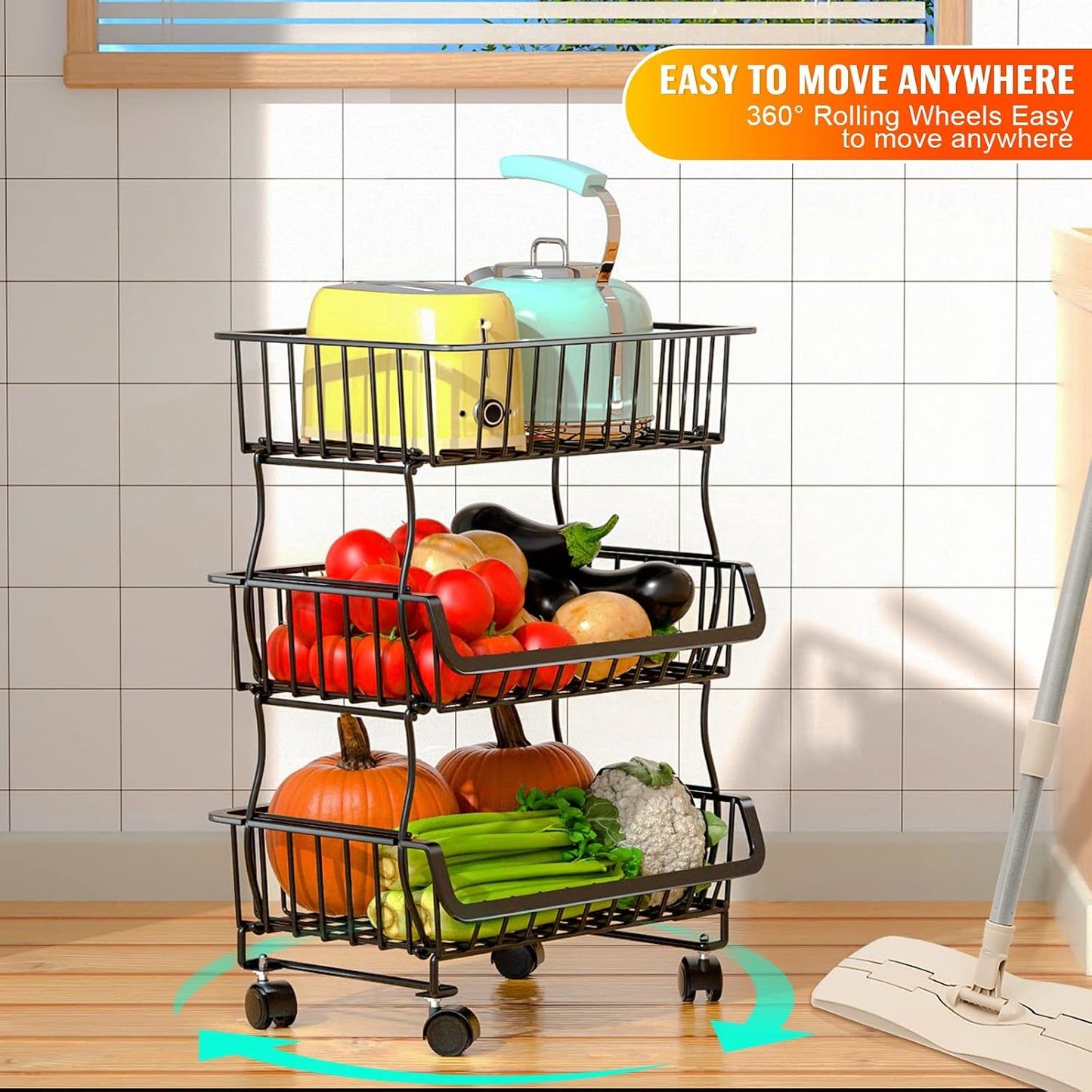 Gsiekare Fruit Vegetable Basket for Kitchen, 5 Tier Stackable Fruit Vegetable Storage Baskets with Wheels, Metal Wire Storage Basket Organizer Baskets for Kitchen, Pantry, Bathroom
