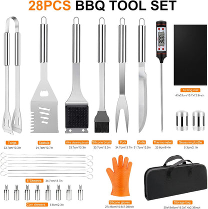 28PCS Stainless Steel BBQ Grill Accessories Set, Grilling Gifts for Men Birthday Father's Day, Portable Multifunction Grilling Utensils Tools Kit with Storage Bag for Outdoor Grill Camping BBQ Party