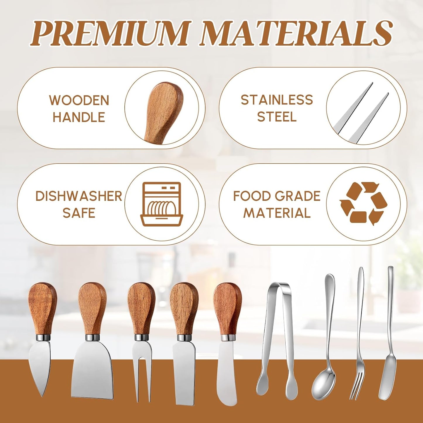 Hushee 44 Pcs Charcuterie Boards Accessories with Magnetic Acacia Wood Holder Wooden Cheese Knife Set for Wood Handle Knives for Cheese Knife Slicer with Tongs, Spoons, Forks, Honey Dipper (Style 2)
