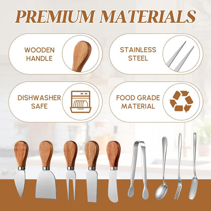 Hushee 44 Pcs Charcuterie Boards Accessories with Magnetic Acacia Wood Holder Wooden Cheese Knife Set for Wood Handle Knives for Cheese Knife Slicer with Tongs, Spoons, Forks, Honey Dipper (Style 2)