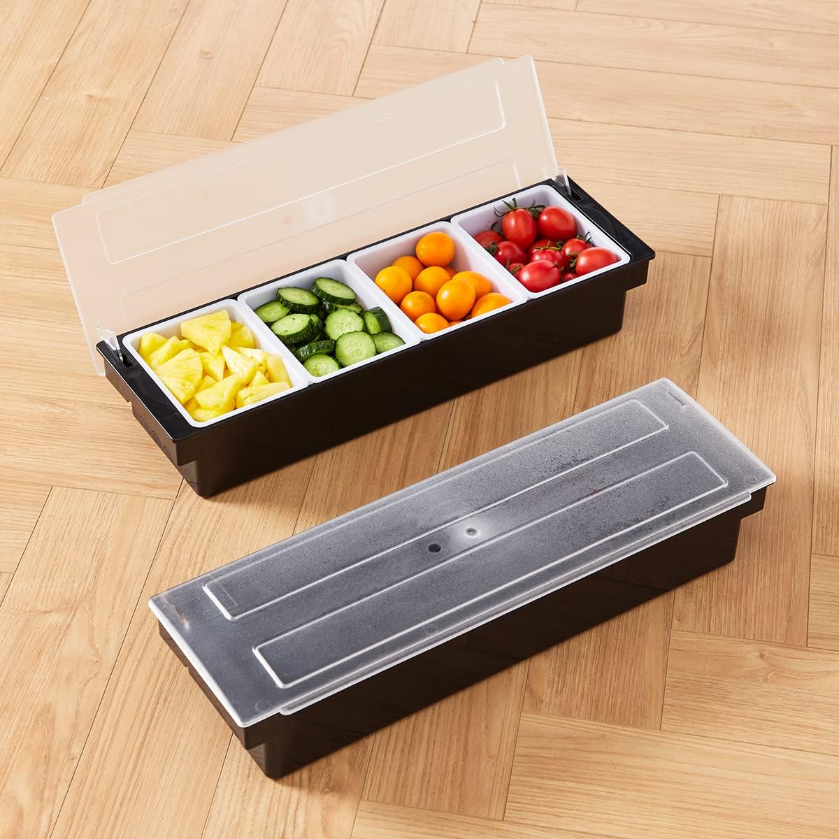 Ice Cooled Condiment Serving Container-6 Compartment Chilled Garnish Tray Bar Caddy with Hinged Lid (6 Compartments)