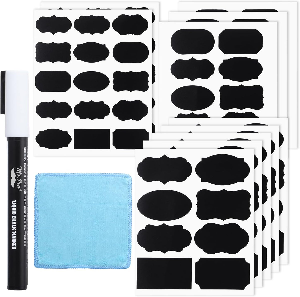 Mr. Pen- Chalkboard Labels, 100 pcs, Assorted Shapes | Waterproof Reusable Blackboard Stickers with 1 Erasable Liquid Chalk Marker for Mason Jars