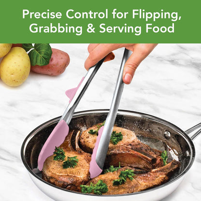 Tovolo Tongs With Silicone Tips Easy Grip 13” Long Kitchen Tongs Stainless Steel Handle For Cooking BBQ, Non Scratch Heat Resistant Locking Metal Silicone Tipped Dishwasher Safe BPA Free, Black