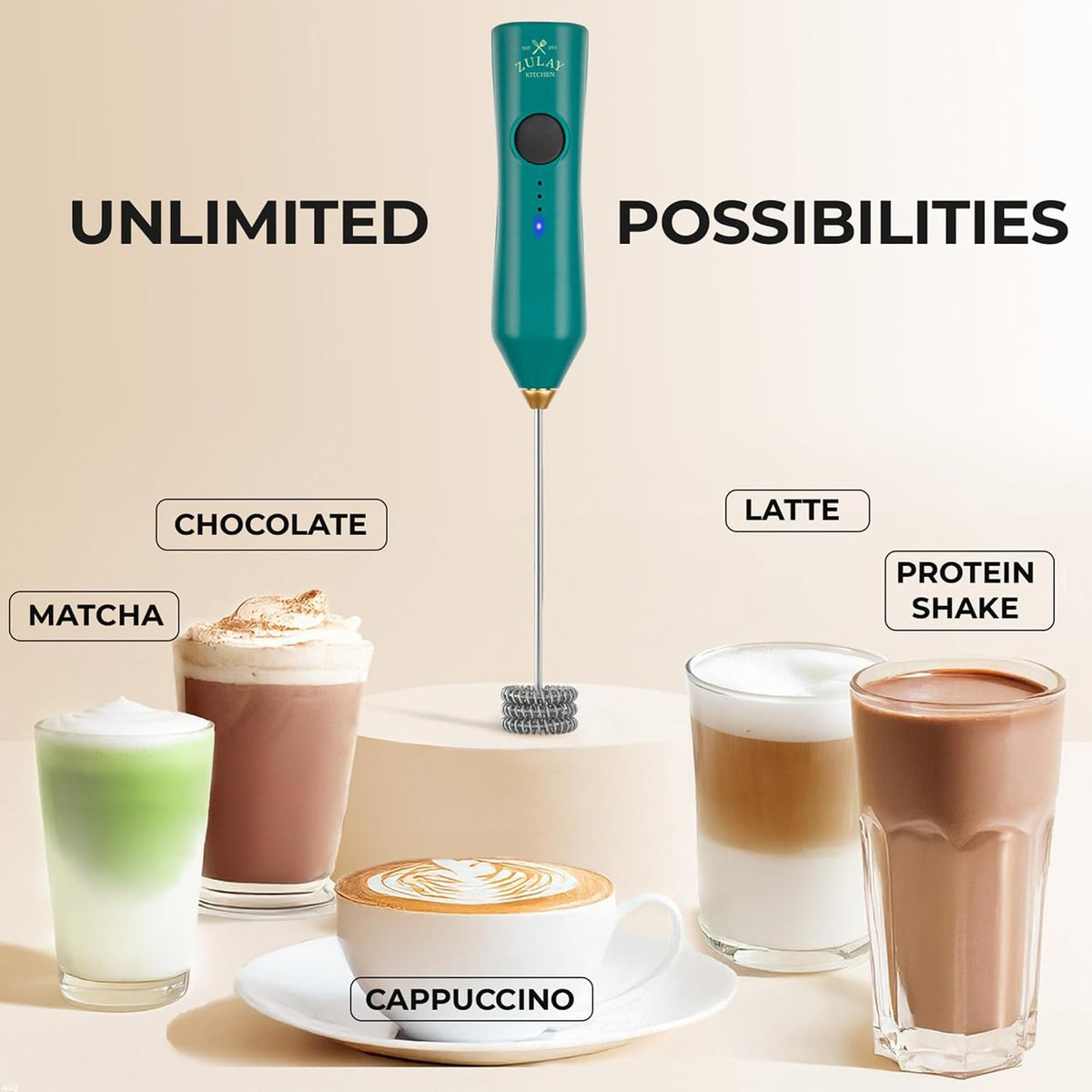Zulay Kitchen Rechargeable Milk Frother Handheld - Frother Wand, Drink Mixer, Electric Whisk Frother, for Cappuccinos, Matcha & Protein Powder - Dynamic 3 Whisk, 3 Speed 500mAh Black - Colors B