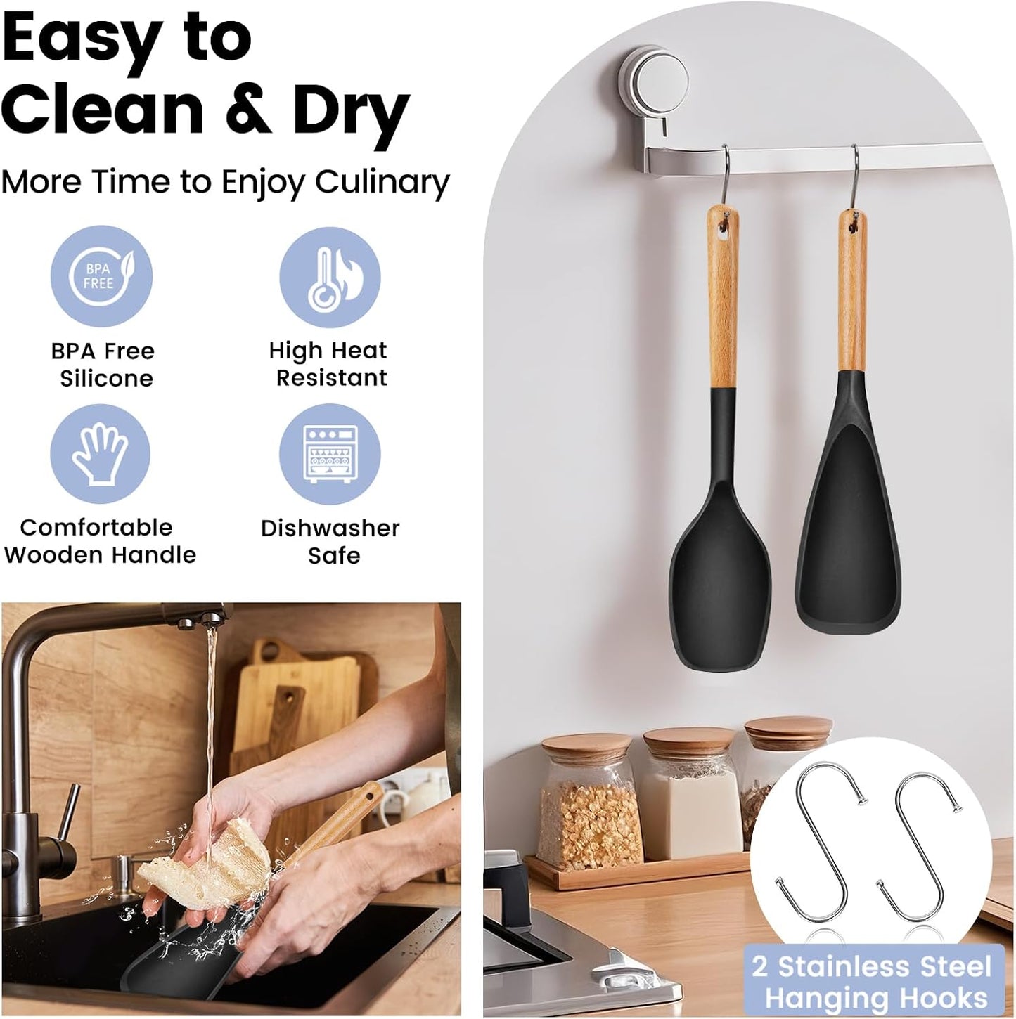 Large Silicone Cooking Spoons Set, 2 Pcs Heat Resistant Serving Spoon, Multifunction Nonstick Spatula Spoon, Kitchen Cucharras de Silicona for Mixing, Stiring, Basting, Scooping, Scraping