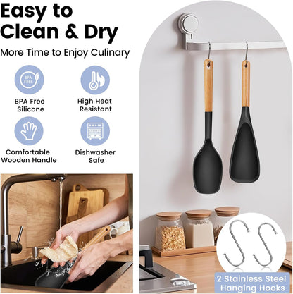 Large Silicone Cooking Spoons Set, 2 Pcs Heat Resistant Serving Spoon, Multifunction Nonstick Spatula Spoon, Kitchen Cucharras de Silicona for Mixing, Stiring, Basting, Scooping, Scraping