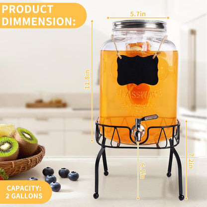 2 Gallon Glass Beverage Dispenser Jars, Ice Juice Dispenser with Stainless Steel Faucet and Metal Stand for Parties & Wedding (1 Pack Jar)