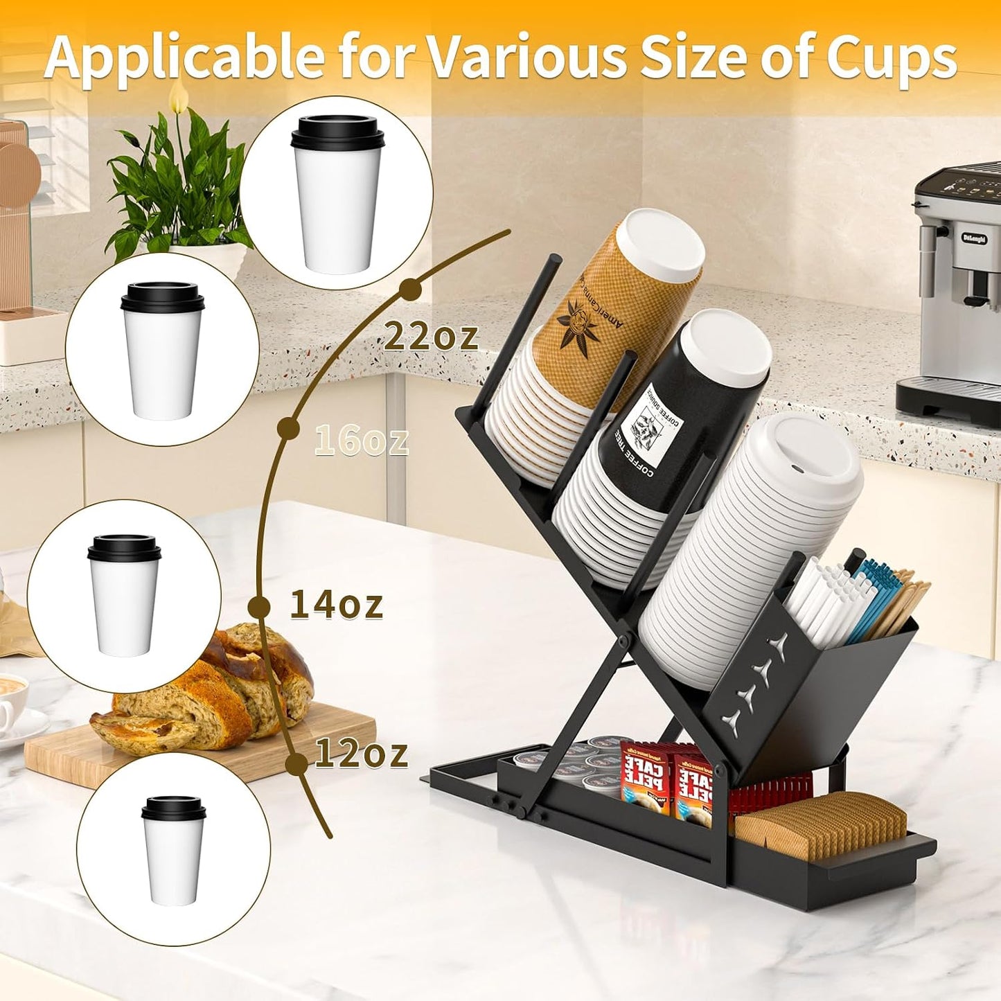 Cup and Lid Holder with Straw Organizer Coffee Station Organizer, Metal Cup Dispenser 5 Compartment Coffee Cup Holder for Coffee Bar Accessories, Disposable Paper Cups, Plastic Cups, Lids