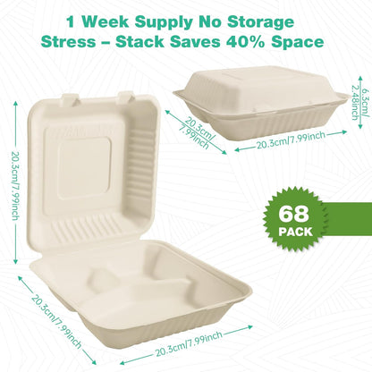 𝟴𝘅𝟴", 𝟲𝟴-𝗣𝗮𝗰𝗸 3-Compartment Clamshell Takeout Containers, 100% Compostable Heavy-Duty Disposable Paper Lunch Boxes(White)