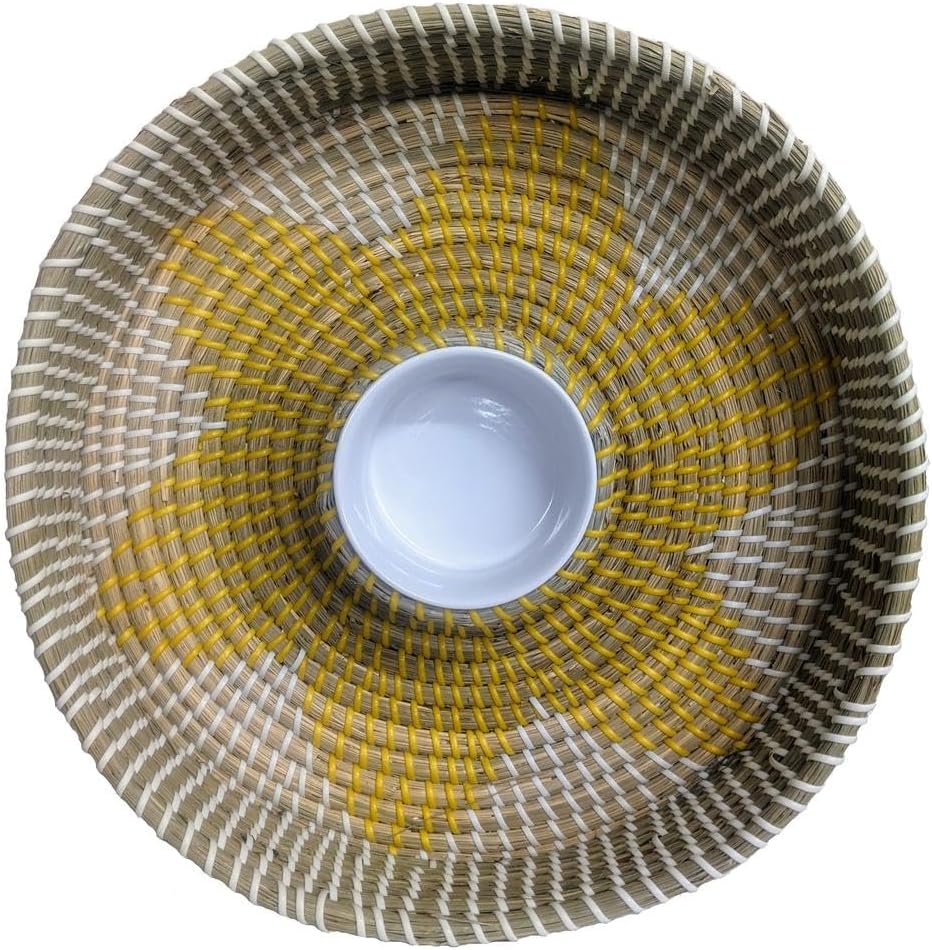 Handwoven Seagrass Chip and Dip Serving Bowl, Natural and Yellow Flower Design