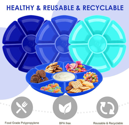 3 Pcs Sectional Round Plastic Serving Tray Platters 11inch Unbreakable Chip and Dip Divided Serving Plates,Round 7 Compartments Multifunctional Food Platter for Snack,Nuts,Candy,Dried Fruit,Veggies