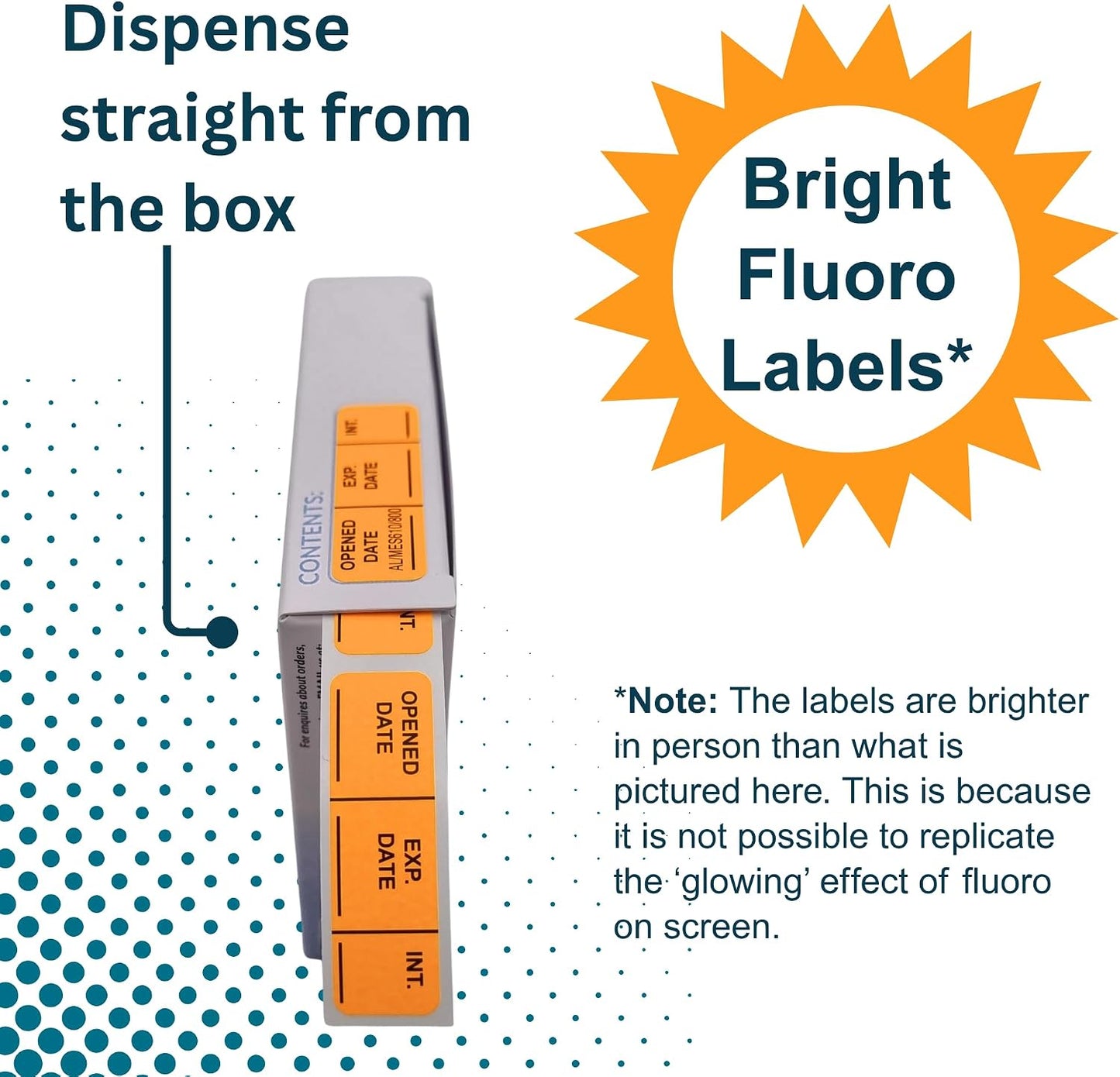 Opened Date Labels for Medical, Food & Lab Use - 800 Fluoro Green Write-on Small Stickers (12mm x 40mm / 0.5" x 1.5") in Dispense Box. Strong Latex-Free Adhesive & Indirect Food/Medical Safe Ink