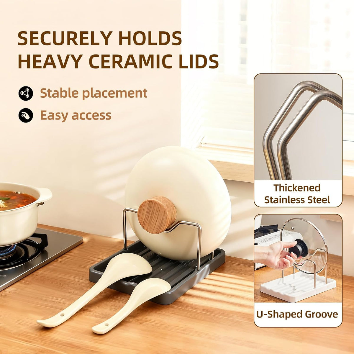 2 in 1 Pot Lid Holder & Spoon Rest for Kitchen Counter, Plastic Utensil Rest with Stainless Steel Pan Lid Holder Organizer While Cooking, Countertop Space Saving Pot Cover Rack | Easy to Clean
