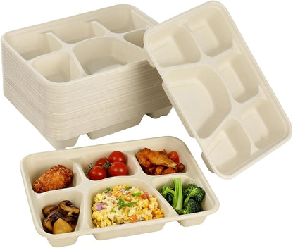 50 Pcs 6 Compartment Disposable Paper Plates Heavy Duty Divided Pulp Paper Meal Prep Containers Heavy-duty Lunch Plates Microwave & Freezer Safe