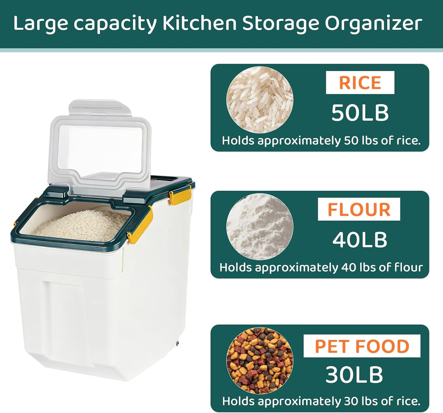 Rice Storage Container 25 lbs, Grey, 2 Pack | Airtight, with Wheels, Locking Lid, Measuring Cup Included, for Flour Sugar Grain Cereal