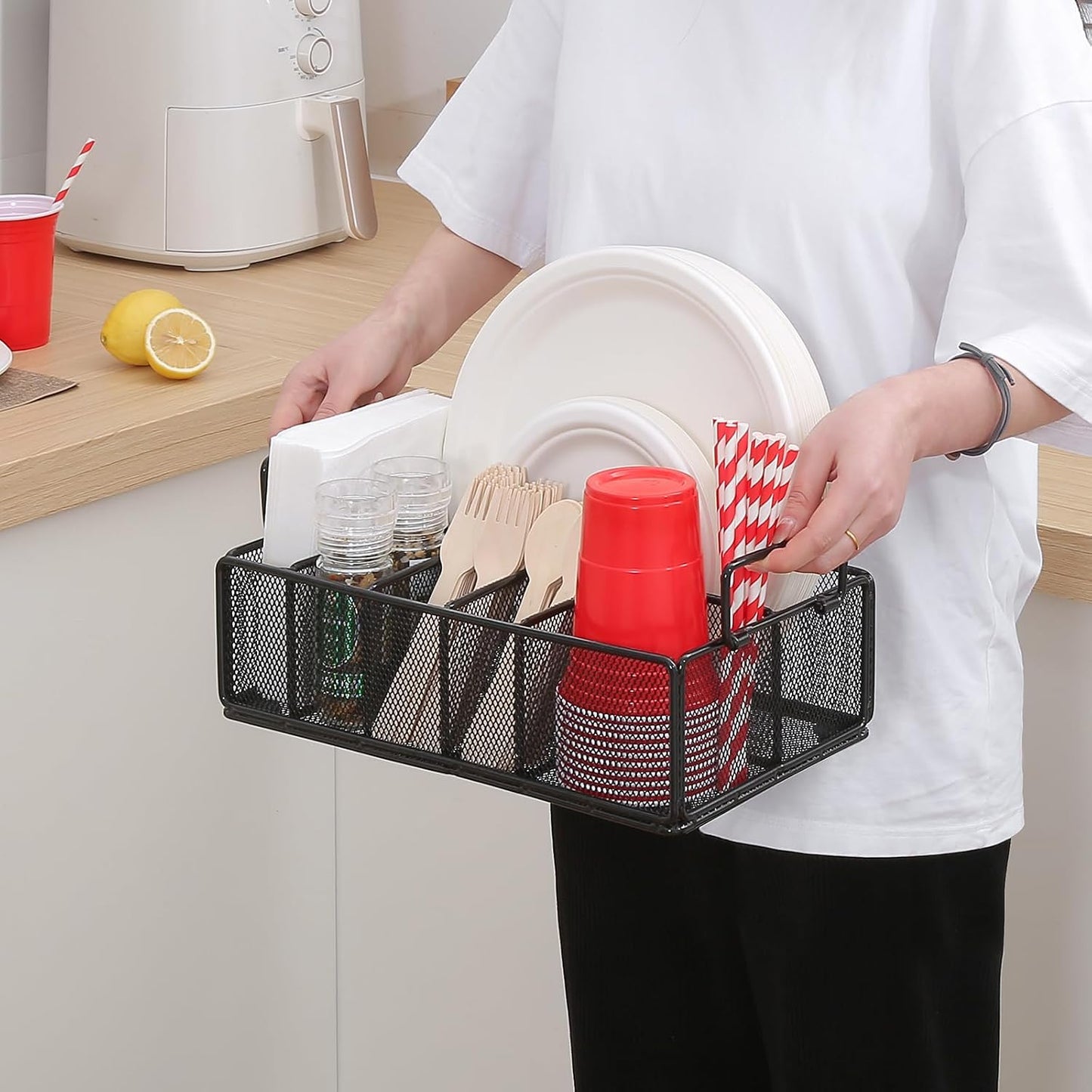 Paper Plate Dispenser with Handle, Metal Paper Plate Holders for Kitchen Counter, Utensil Holder Organizer with 6 Compartments, Silverware Holder Caddy for Cup Fork Spoon Napkin Party Camping