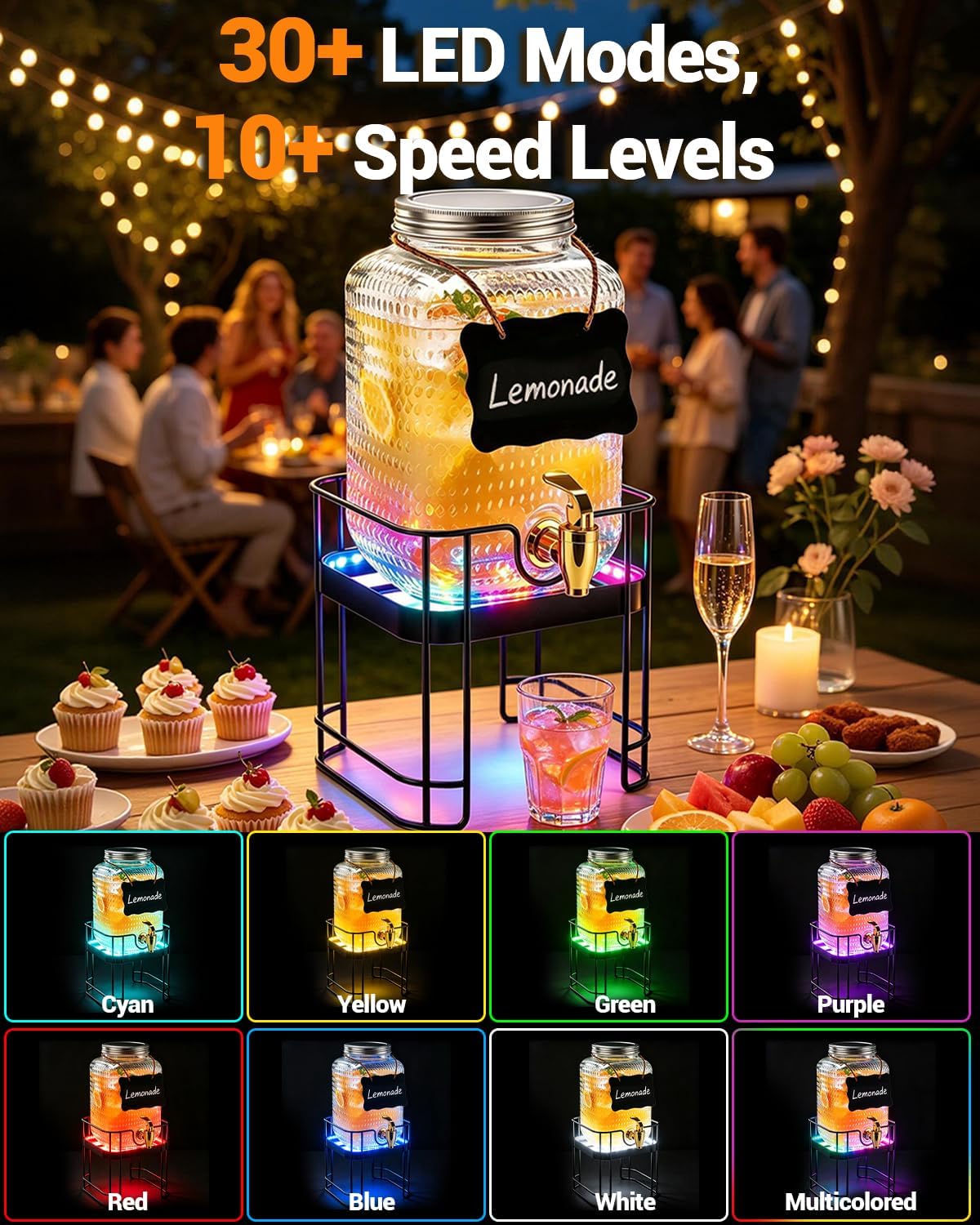 PAROTO Glass Drink Dispensers for Parties, 2 Pack 1 Gallon Each Beverage Dispenser with Stand and LED Strip Light, Juice Lemonade Water Dispenser with Spigot for Wedding, Bar, Picnic, BBQ, Buffet