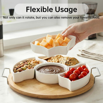 360° Rotating Chip and Dip Set, 12" Divided Serving Tray for Entertaining, Relish Tray for Party, Lazy Susan Taco Bar, Appetizer Serving Platter for Veggies, Candy, Fruit and Snacks
