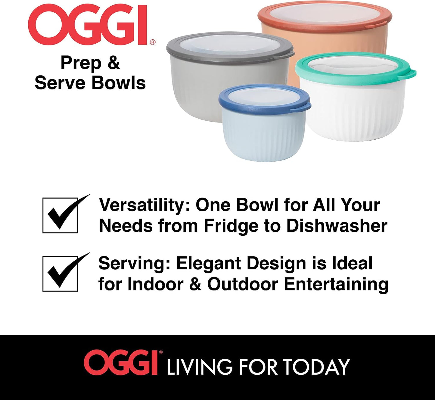 Oggi Prep, Store & Serve Plastic Bowl w/See-Thru Lid- Dishwasher, Microwave & Freezer Safe, (4 qt) Lt Gray w/Dk Gray Lid