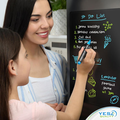 Magnetic Black Dry Erase Board for Fridge (12 x 8 inch), Stain-Resistant w/ 3 Magnetic, Fine-Tip Neon Chalk Markers & Eraser by Yes4Quality