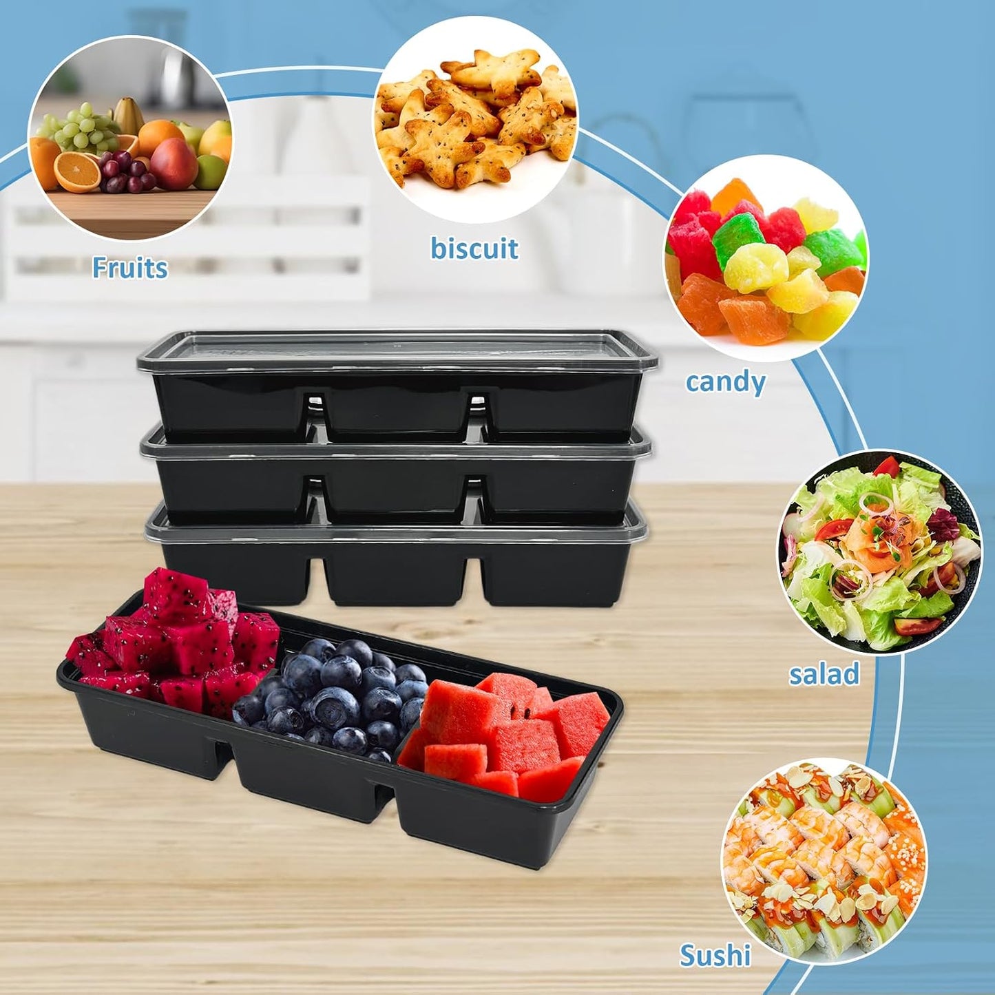 50pcs 16oz Meal Prep Containers with 3 Compartments with lids, Premium Disposable Plastic Bento Boxes, Stackable Food Containers Travel Snack, Dessert, Lunch Boxes for Office, Picnic, Microwave Safe