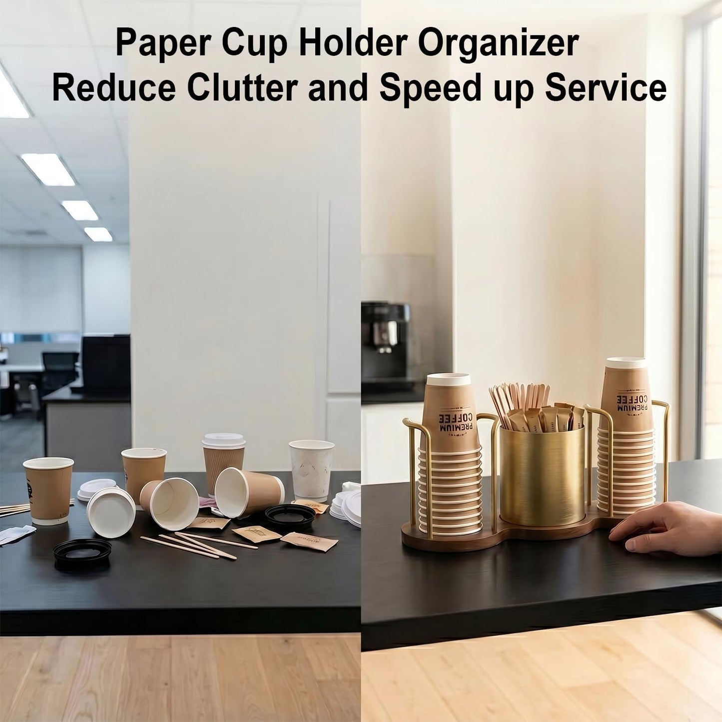 GOYLSER Coffee Station Organizer with Straw & Stirrer Storage Caddy for Cups Lids, Disposable Paper Cup Holder Cup Organizer for Coffee Bar, Office, Home Kitchen, Gold