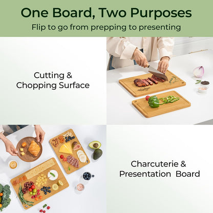 Keechee Wood Cutting Board for Kitchen - Reversible Bamboo Cutting Boards Gift Set of 3 with Juice Groove, Wooden Chopping Board for Meat, Fruit, Vegetables & Cheese (Pre Oiled, Natural)