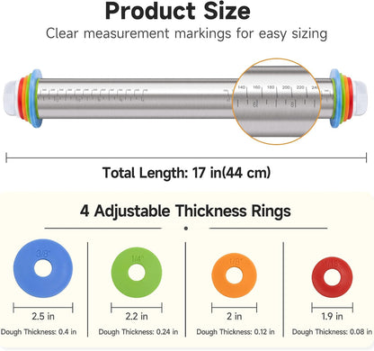 Vakoo Rolling Pin with Thickness Rings for Baking