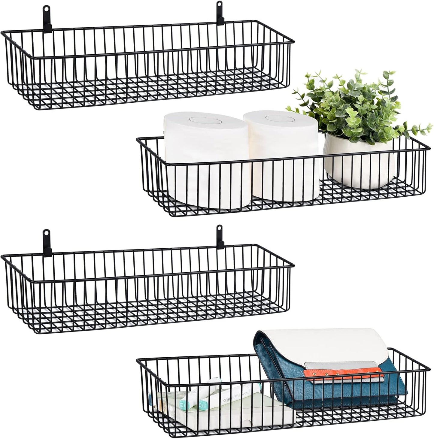 3 Pack Extra Large Wire Basket with Metal Handles, Metal Basket for organizers and storage, Wire Storage Baskets for Pantry, Cabinet, Fridge, Kitchen, Wardrobe, Garage, Bathroom, Black