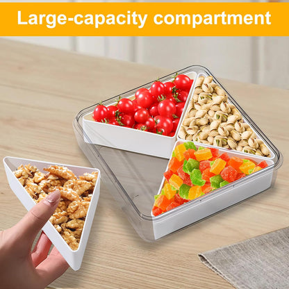 Qivine Veggie Tray with Lid for Fridge, Portable Vegetable Tray with Lid and Dip, 6 Compartments Divided Serving Tray with Lid and Handle, Round Veggie Trays for Serving for Party with 2 Clips