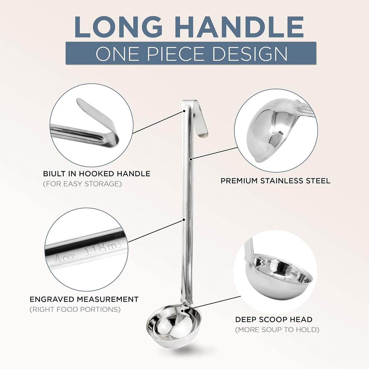 Fit Meal Prep [2 Pack] 2 oz Stainless Steel Soup Ladle, One-Piece Sauce Spatula with Hook Handles, Commercial Grade Serving Spoon, Kitchen Tool for Restaurant or Home Cooking, Mirror Finish, 12" Long