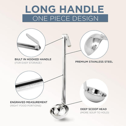 Fit Meal Prep [2 Pack] 2 oz Stainless Steel Soup Ladle, One-Piece Sauce Spatula with Hook Handles, Commercial Grade Serving Spoon, Kitchen Tool for Restaurant or Home Cooking, Mirror Finish, 12" Long