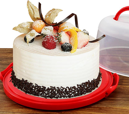 Yesland Cake Carrier with Collapsible Handle - Plastic Red Cake Container and Holder with Lid - Portable Round Cake Cover for 10 inch Cake, Pies, Cookies, Nuts, Muffins and Fruit