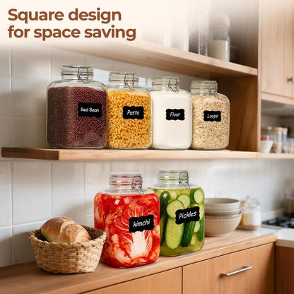 ComSaf Set of 3 Square Glass Jars with Airtight Lids (51 Oz) — Wire Clamp Canisters for Small-Batch Pickling, Kimchi, Bulk Dry Food, Wide Mouth Space Saving Kitchen Pantry Organization Jars