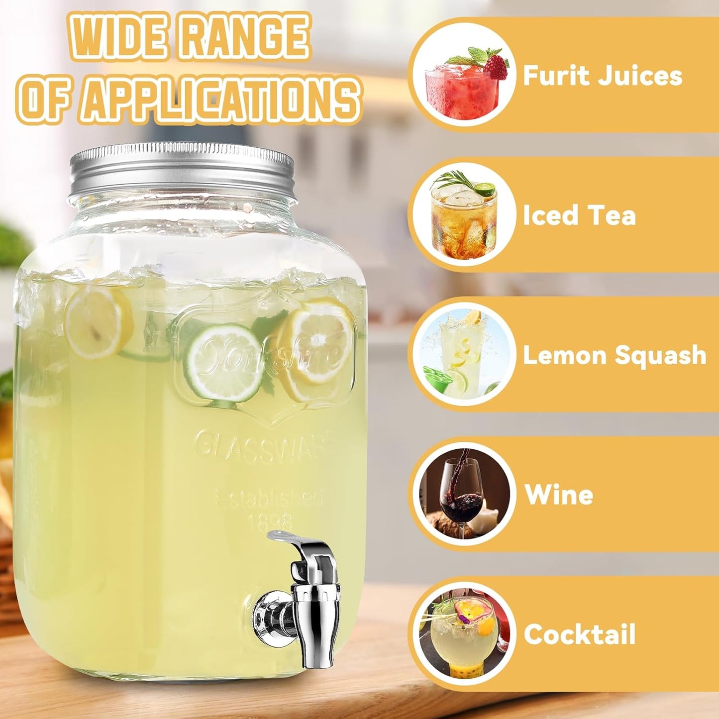 1 Gallon Glass Drink Dispensers For Parties，Lemonade Beverage Dispenser With Stand And Spigot For BBQ, Picnic, Party,Laundry Detergent Dispenser