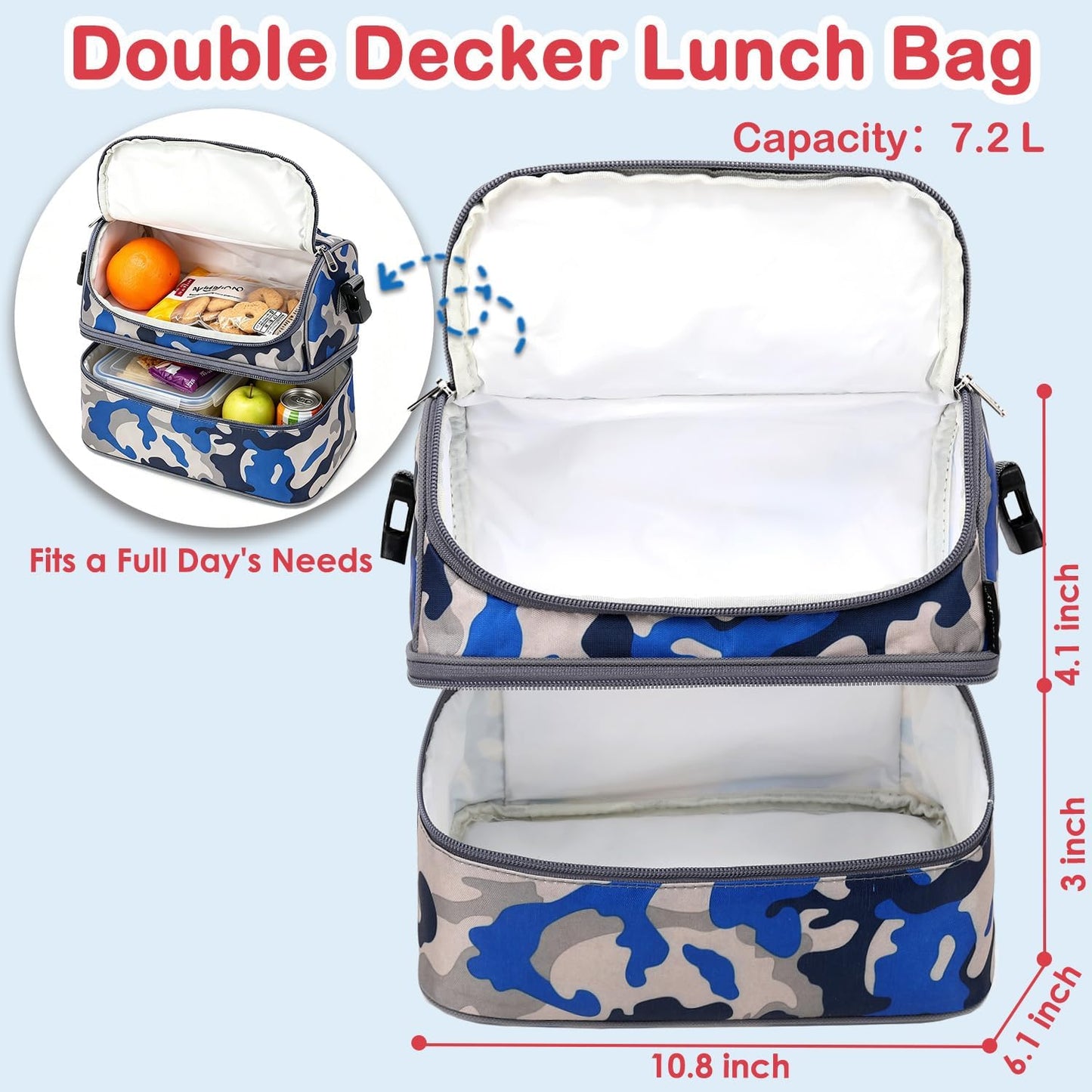 FlowFly Kids Double Decker Cooler Insulated Lunch Bag Large Tote for Boys, Girls, Men, Women, With Adjustable Strap, Unicorn