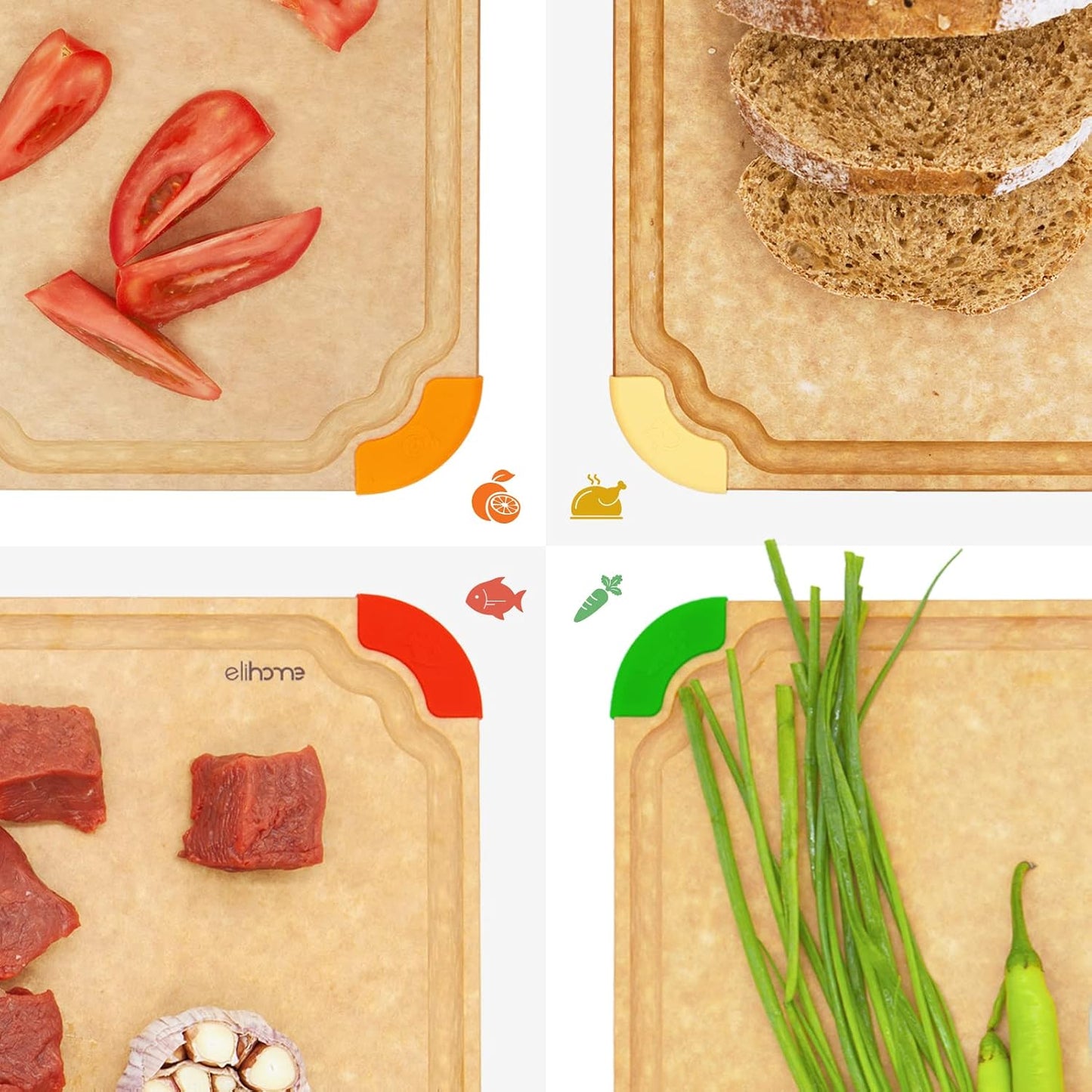 Elihome Premium Series 2-in-1 Kitchen Cutting Board Set, Non Slip Feet, Color Coded with Food Icon, Natural Wood Fiber, Dishwasher Safe, Eco-Friendly, Juice Grooves,Non Porous, BPA Free, Made in USA